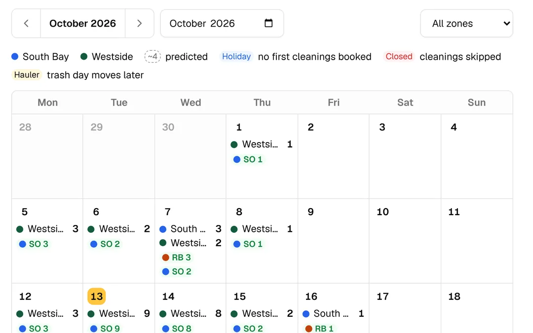 The calendar: cleanings booked on each day of October, by zone
