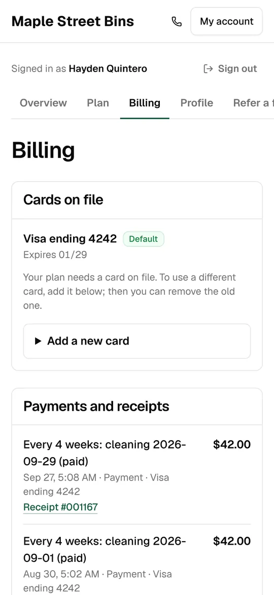 Billing in the customer’s account: card on file and payments with receipts