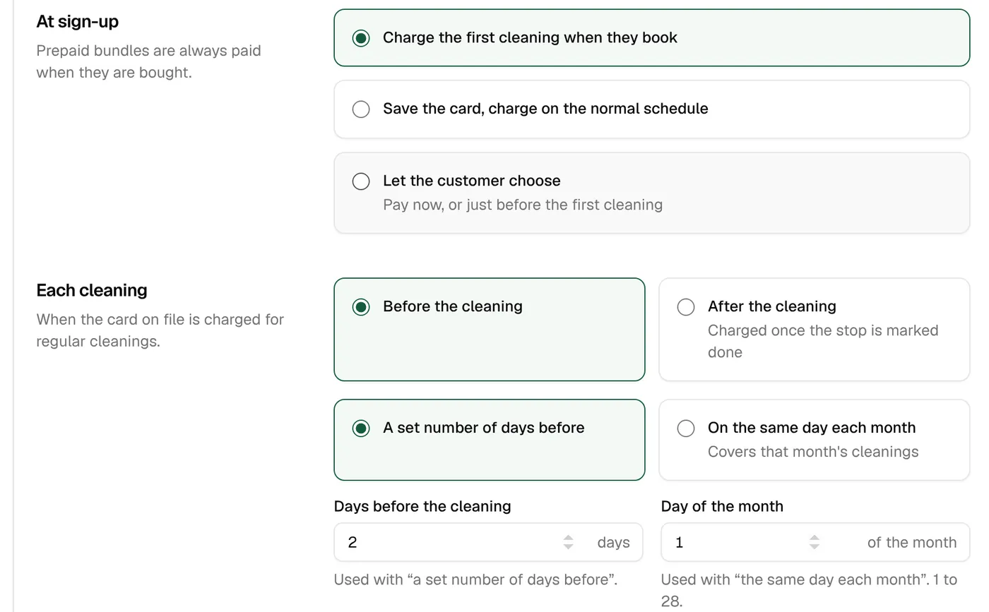 Billing settings: what happens at sign-up and when each cleaning is charged