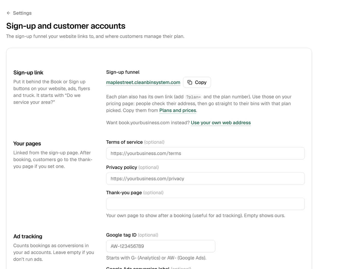 Sign-up page settings: the sign-up link, terms and privacy pages, and ad tracking
