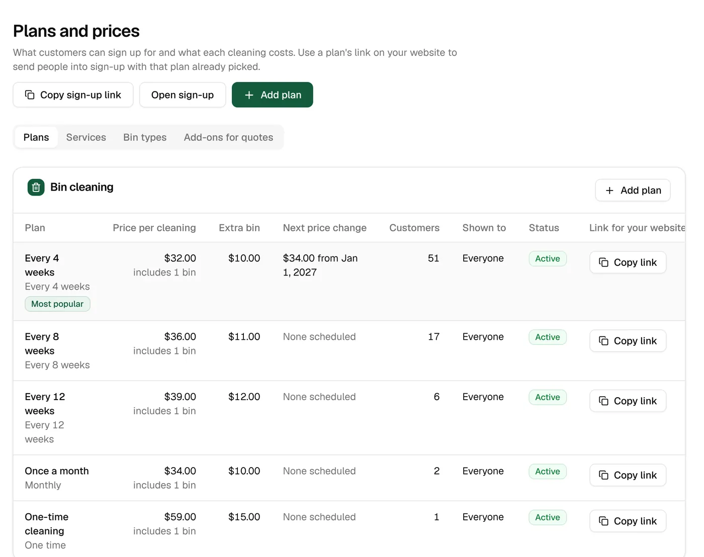 Plans and prices: every 4, 8 and 12 weeks, monthly and one-time, with price per cleaning and extra bin