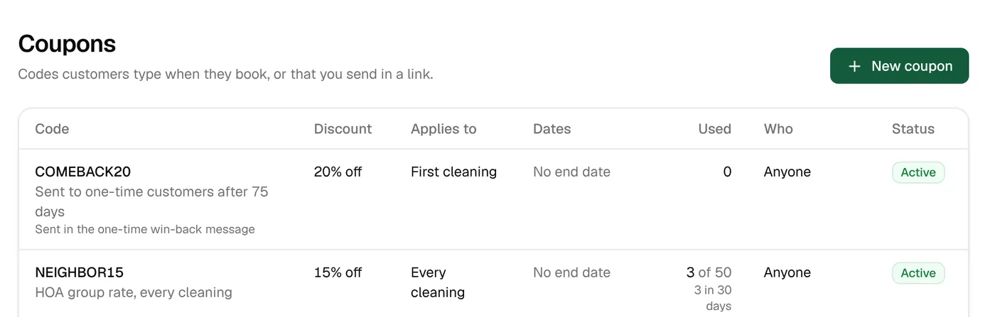 Coupons with their discount, how long they apply, dates, uses and who can use them