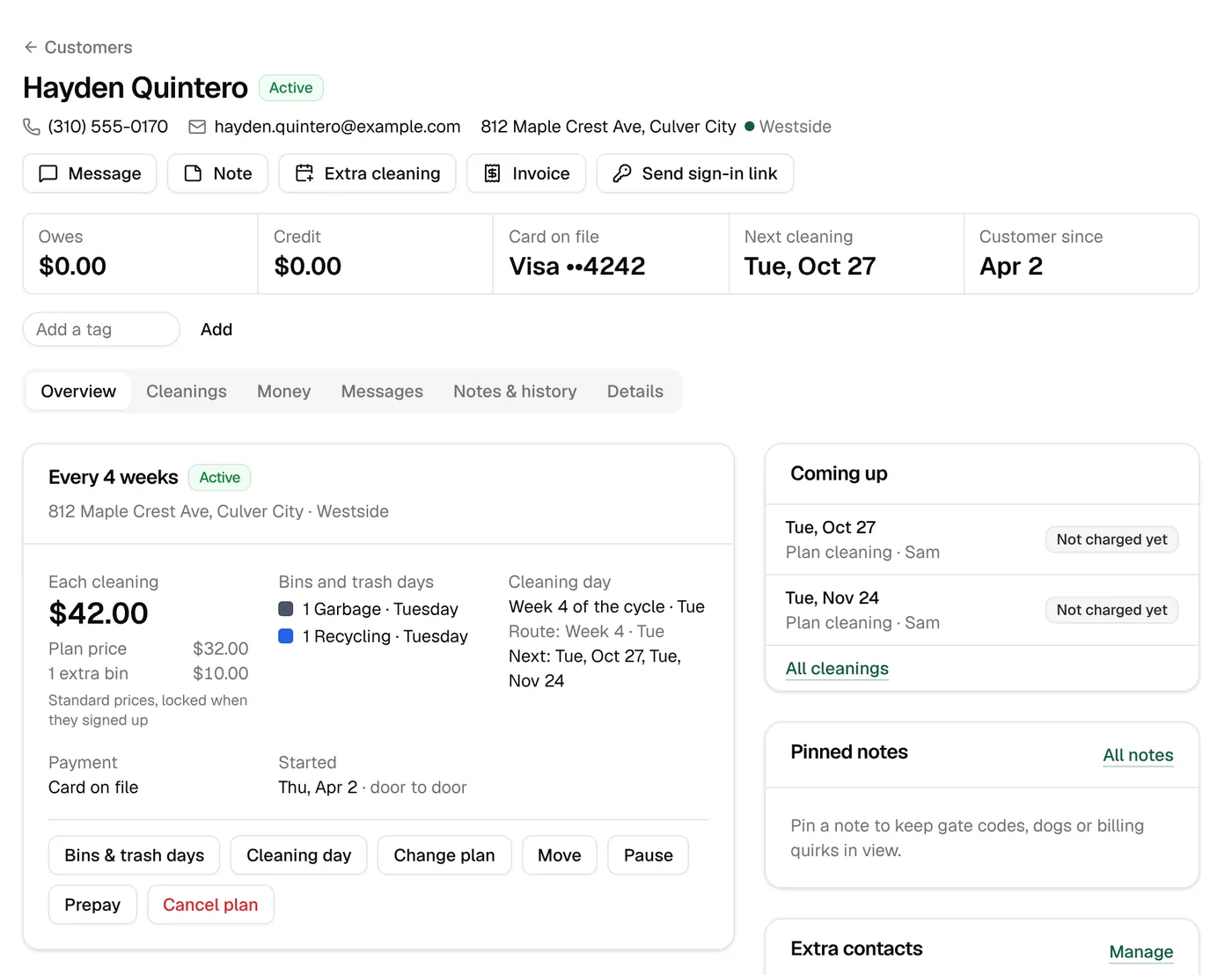 A customer’s page: what they owe, credit, card, next cleaning, plan and upcoming cleanings