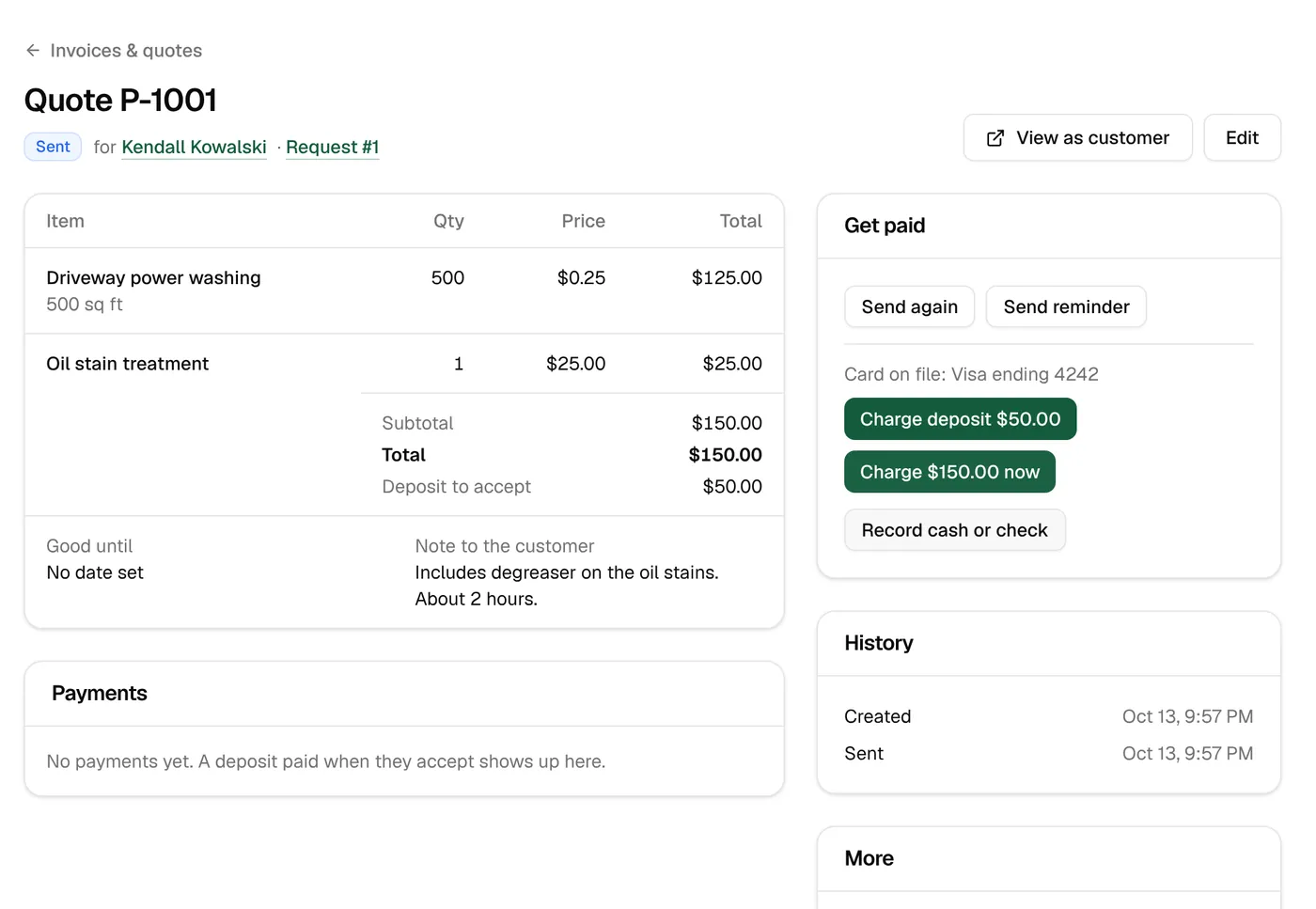 A quote with line items, a deposit, and buttons to charge the card on file or record cash