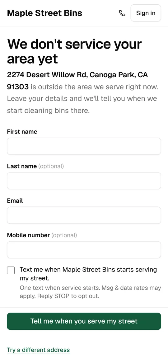 An address outside the service area: a form to hear when service starts there