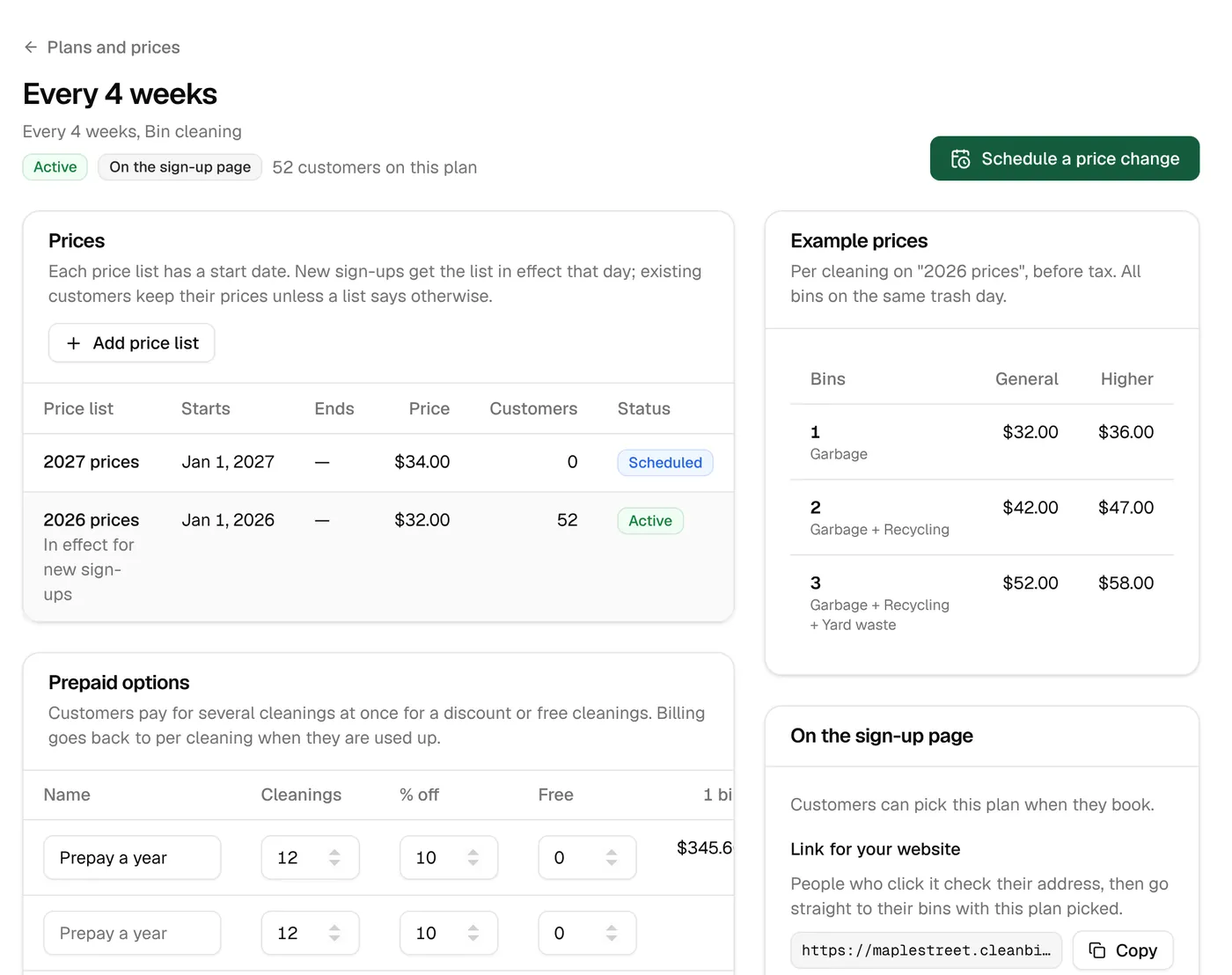 A plan: its dated price lists, example prices for 1 to 3 bins, and prepaid options