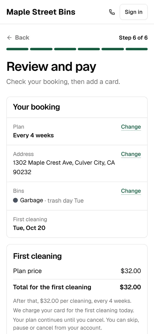 Review and pay: the booking summary with change links and the first cleaning’s total