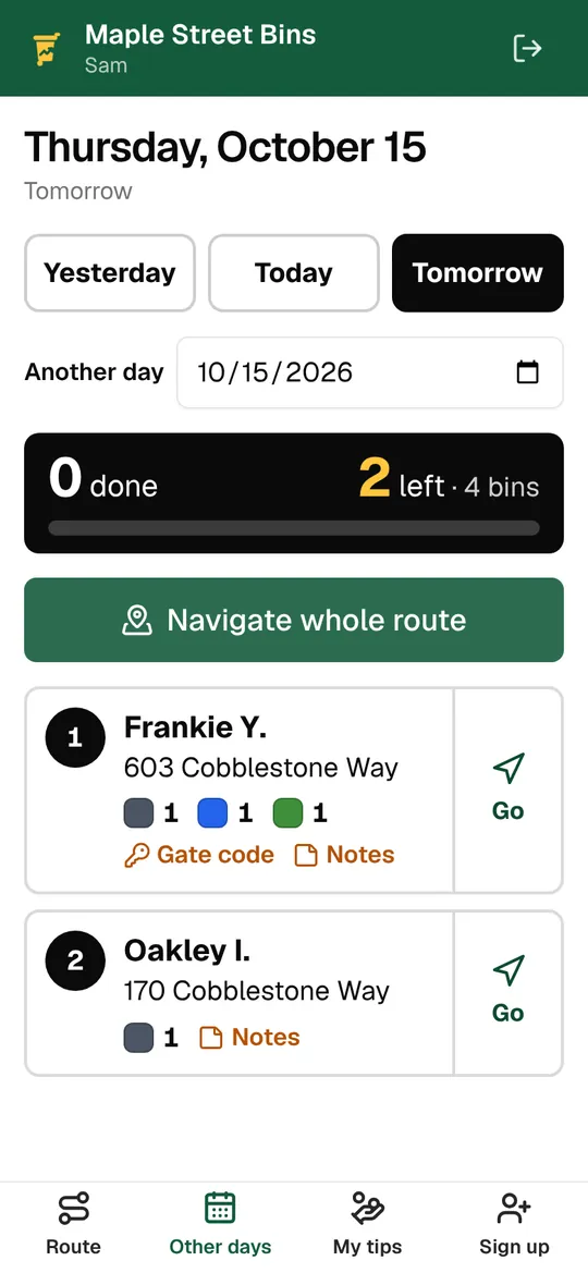 Another day’s route in the driver app, with gate code and notes on a stop