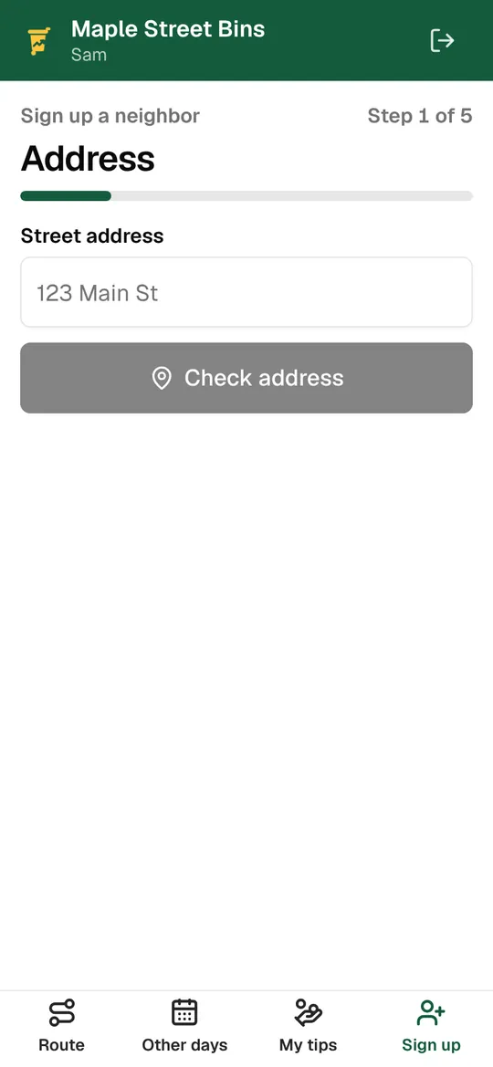 Signing up a neighbor in the driver app, starting with the address
