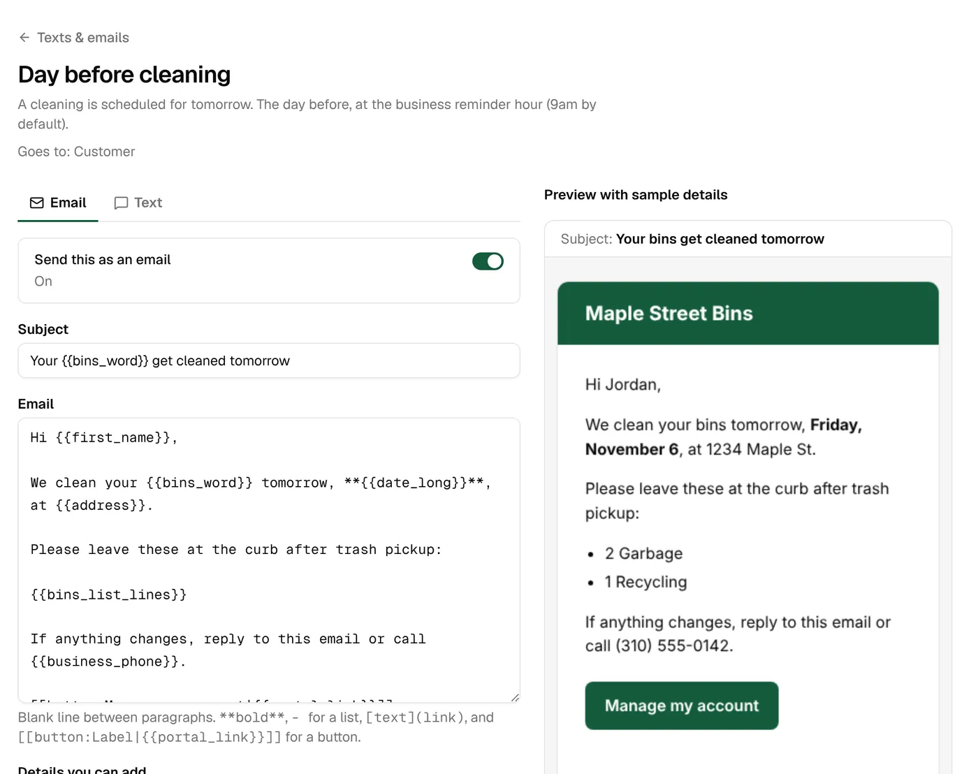 Editing the day-before email with fill-in fields, beside a live preview