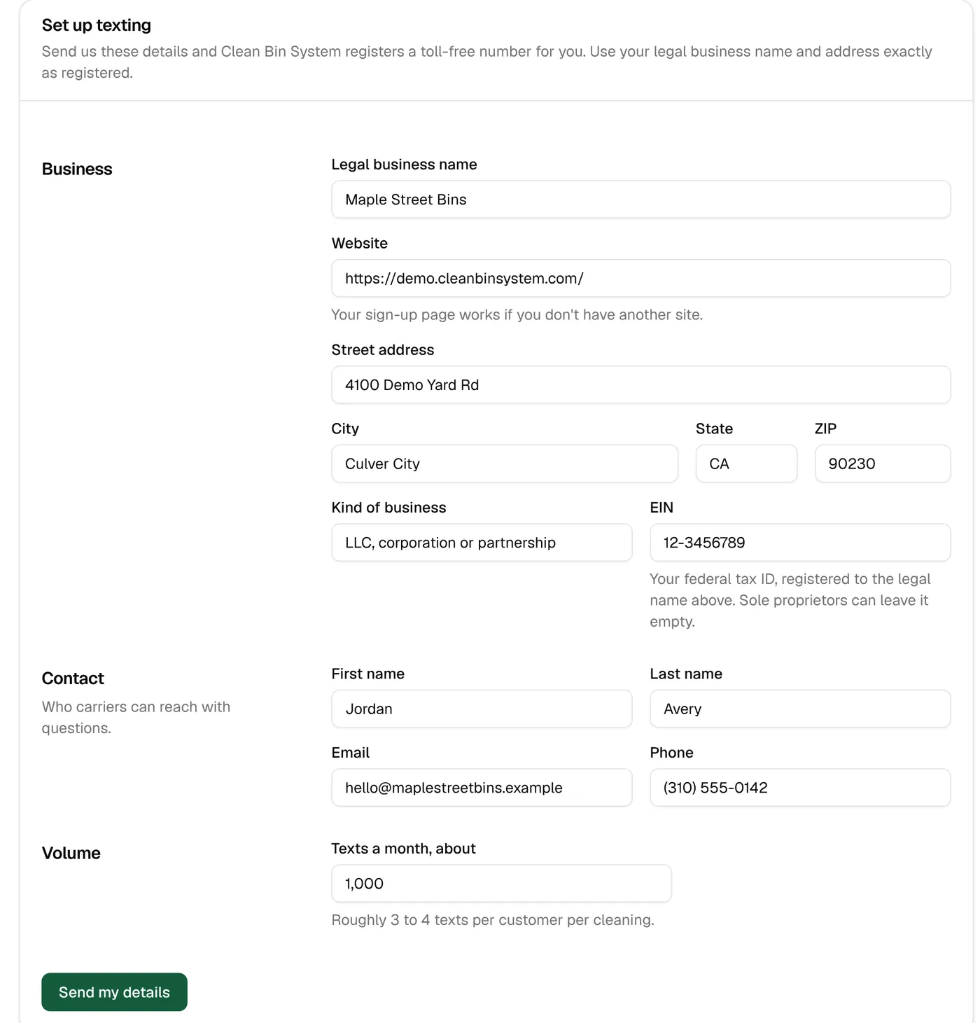 The texting form: legal business name, address, kind of business, EIN and contact