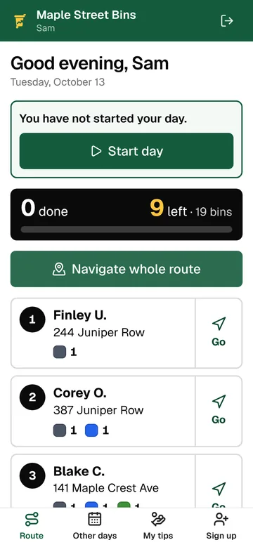 The driver app: today’s stops in order, with Start day and Navigate whole route