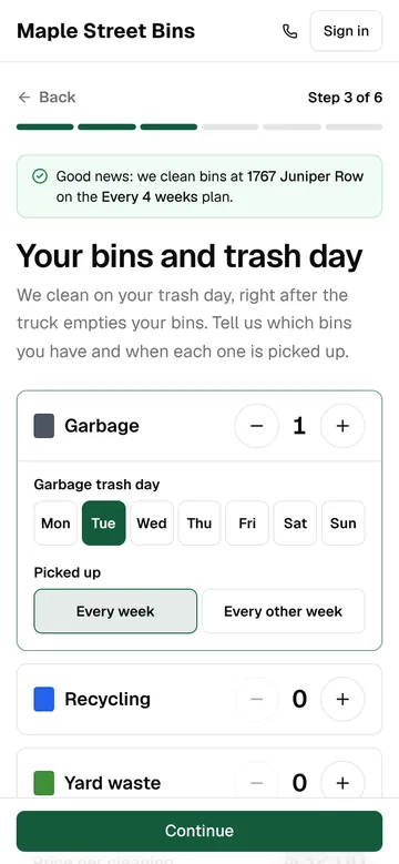 Adding bins and trash day on the sign-up page, on a phone