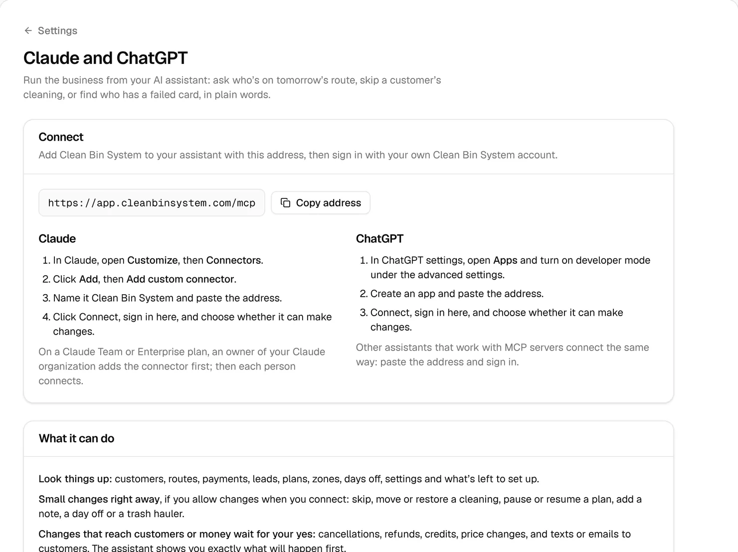 The Claude and ChatGPT page with the address to copy and the steps to connect each assistant