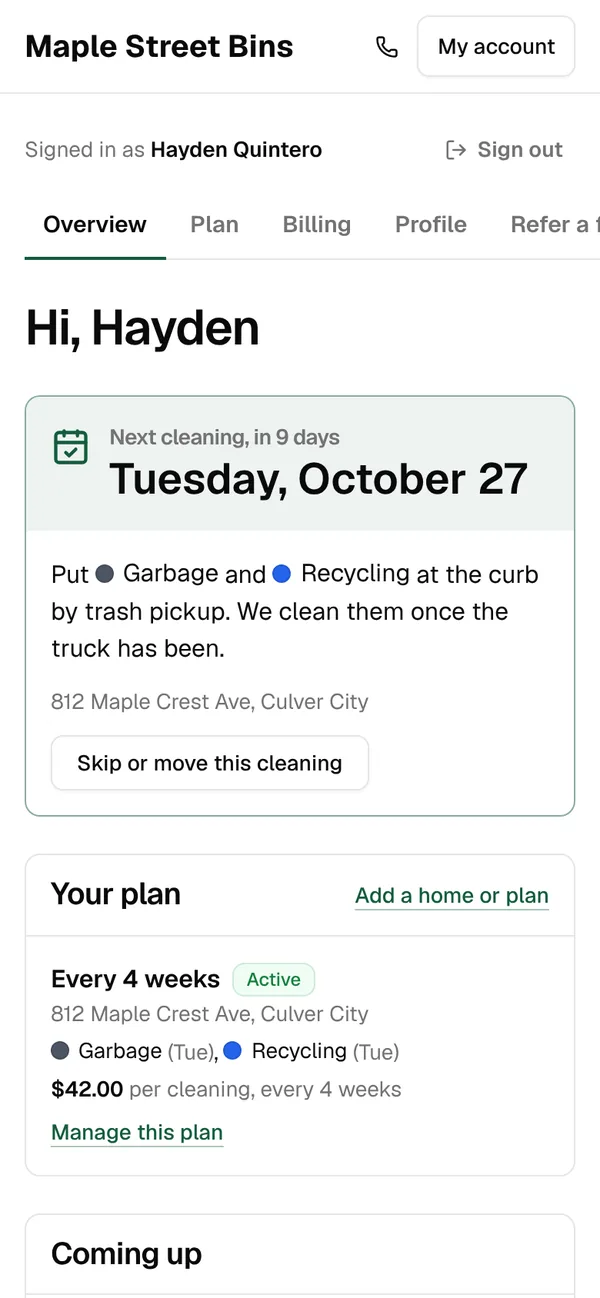 Hayden’s account on a phone: his next cleaning on Tuesday, October 27, with a Skip or move this cleaning button