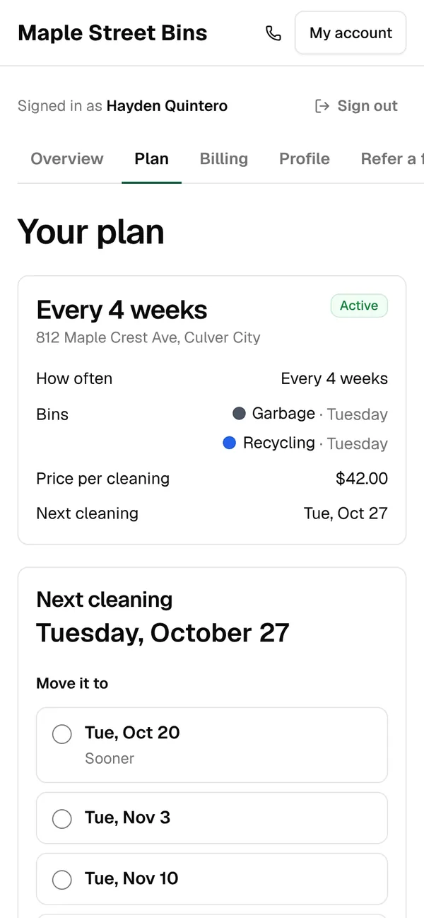 The Plan tab with dates to move the next cleaning to, including Tuesday, October 20 marked Sooner