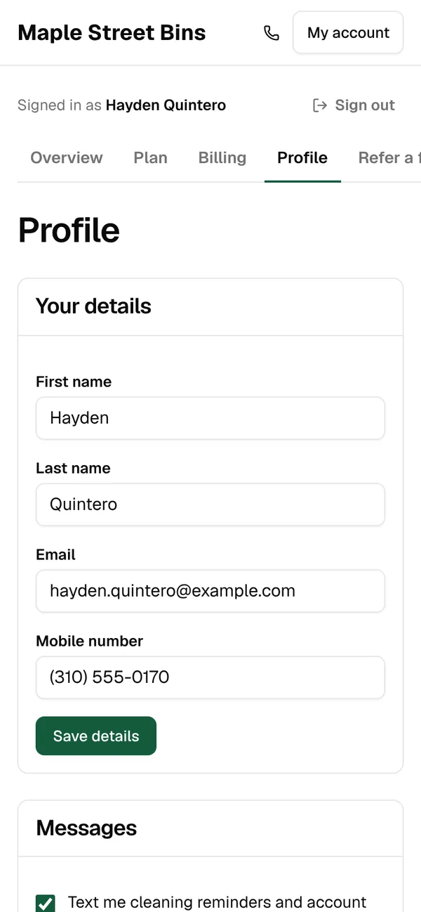 The Profile tab with Hayden’s name, email and mobile number, and a ticked box for cleaning reminders by text