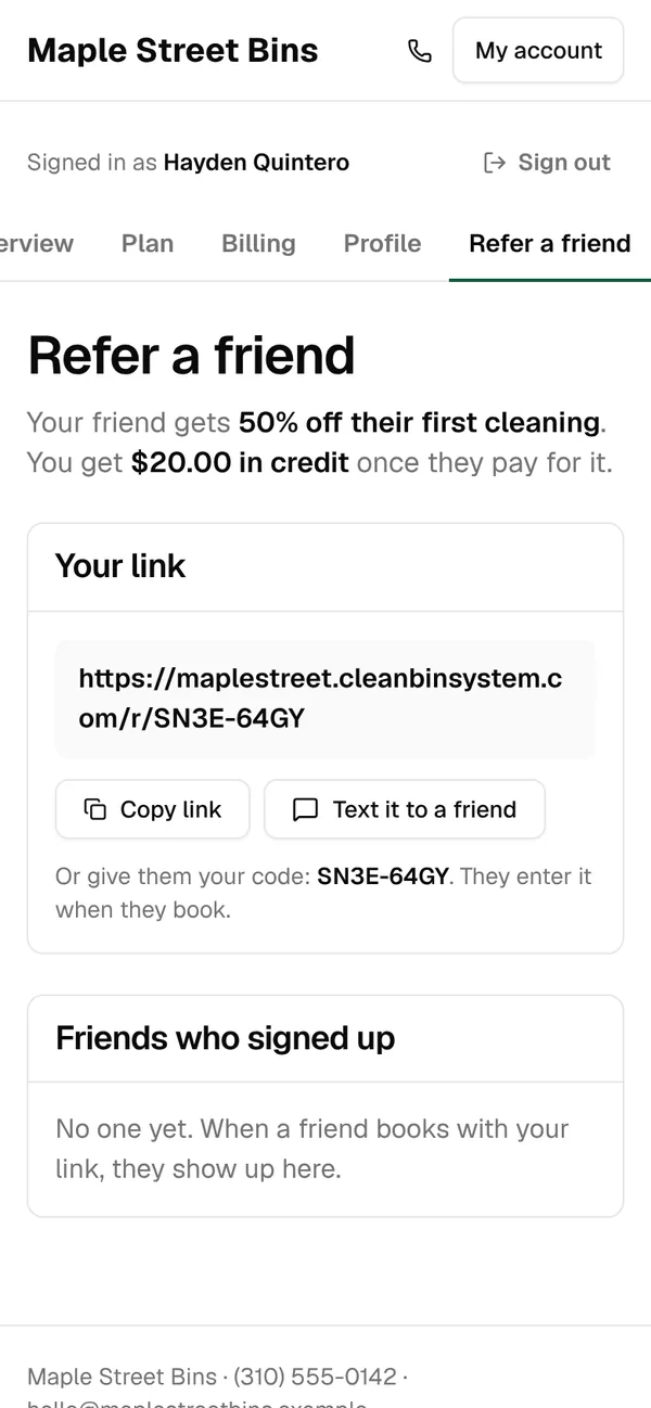 A customer’s Refer a friend tab: 50% off for the friend, $20.00 in credit for them, with a link and code to share