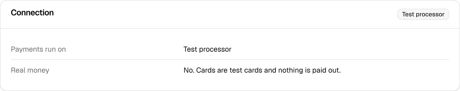 The Connection panel on Card payments for the sample business: Payments run on: Test processor, and Real money: No