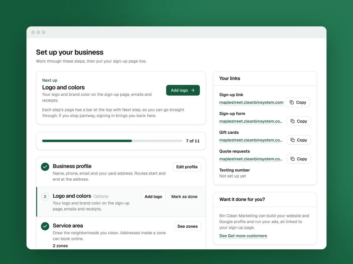The setup checklist in Clean Bin System with the next step and your sign-up links