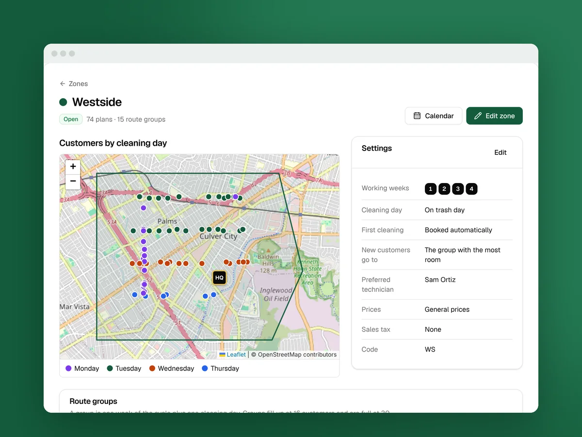 A zone in Clean Bin System: a map of customers colored by cleaning day