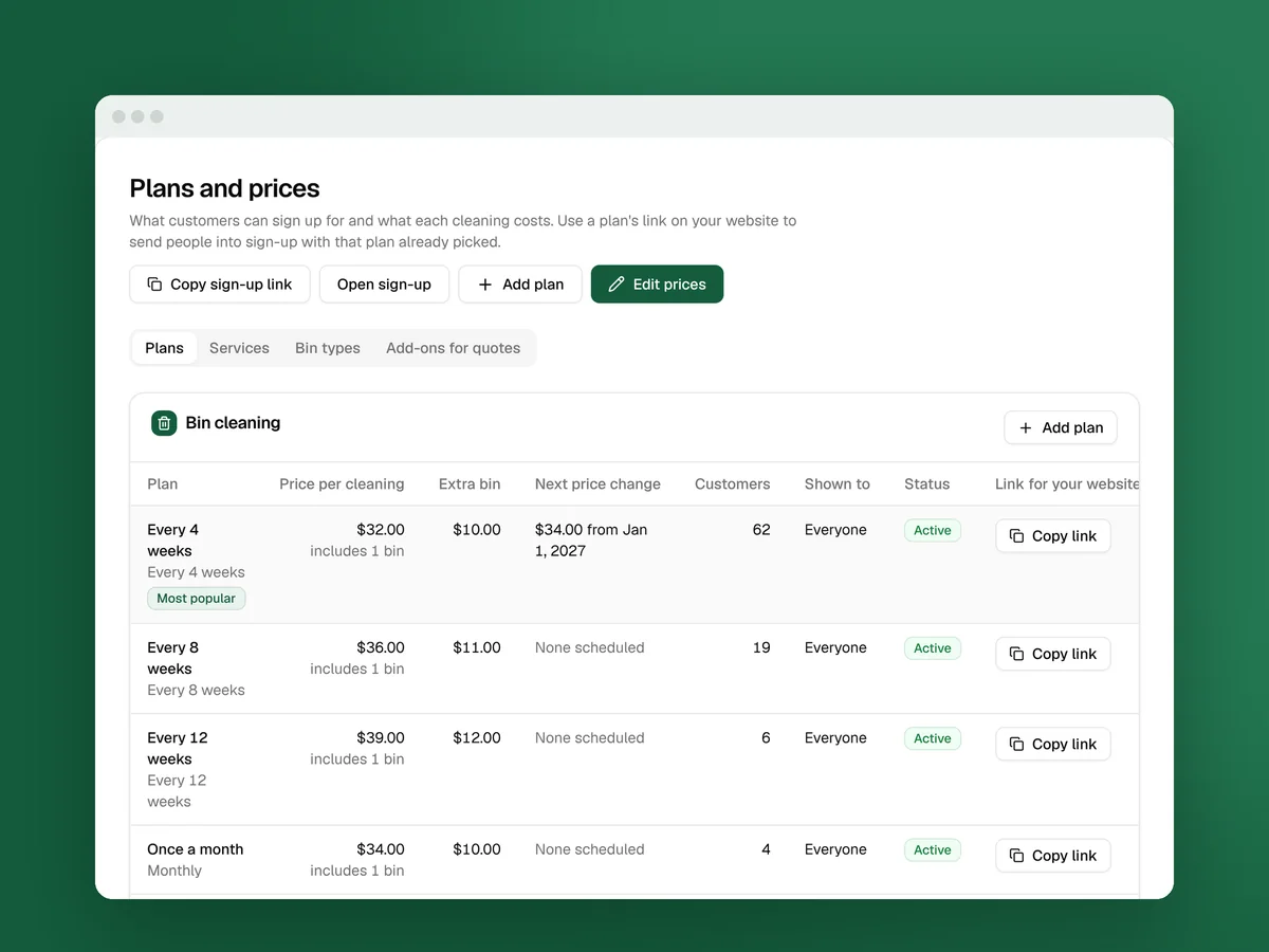The Plans and prices page in Clean Bin System with four plans and their prices
