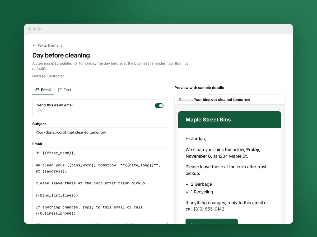 Editing the day-before-cleaning email in Clean Bin System with a preview beside it