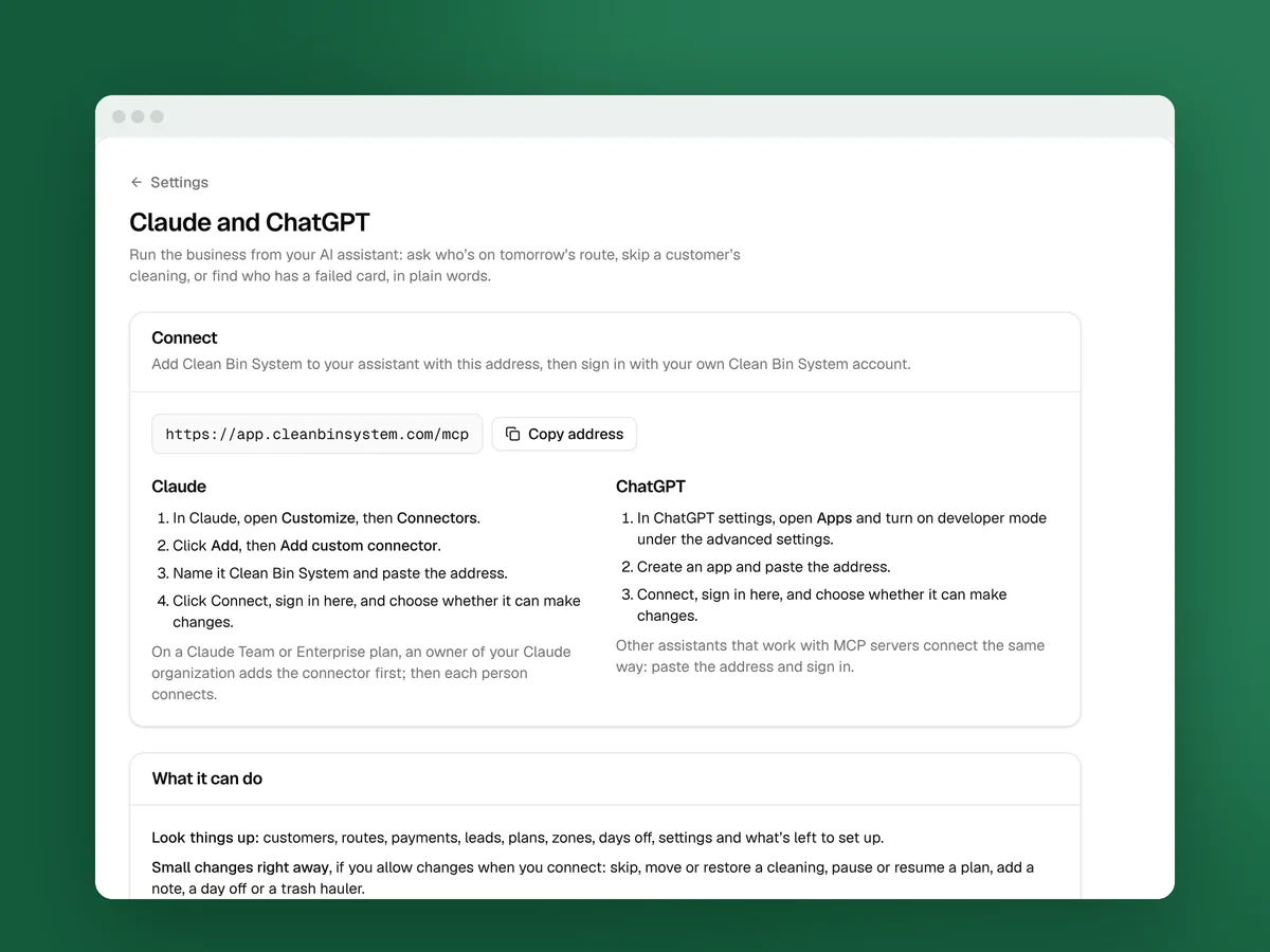 The Claude and ChatGPT settings page in Clean Bin System
