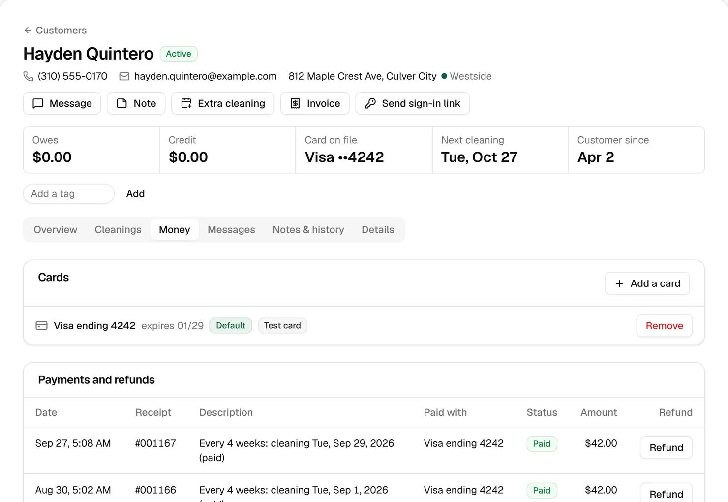 A made-up customer’s Money tab: Visa ending 4242 as the default card, and two $42.00 payments, each with a Refund button