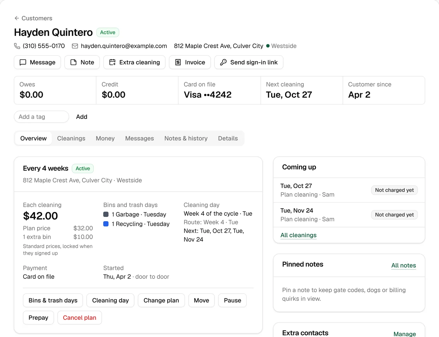 The page of Hayden Quintero, a made-up customer: Every 4 weeks at $42.00 a cleaning, 1 Garbage and 1 Recycling on Tuesday, week 4 of the cycle, next cleaning Tuesday, October 27