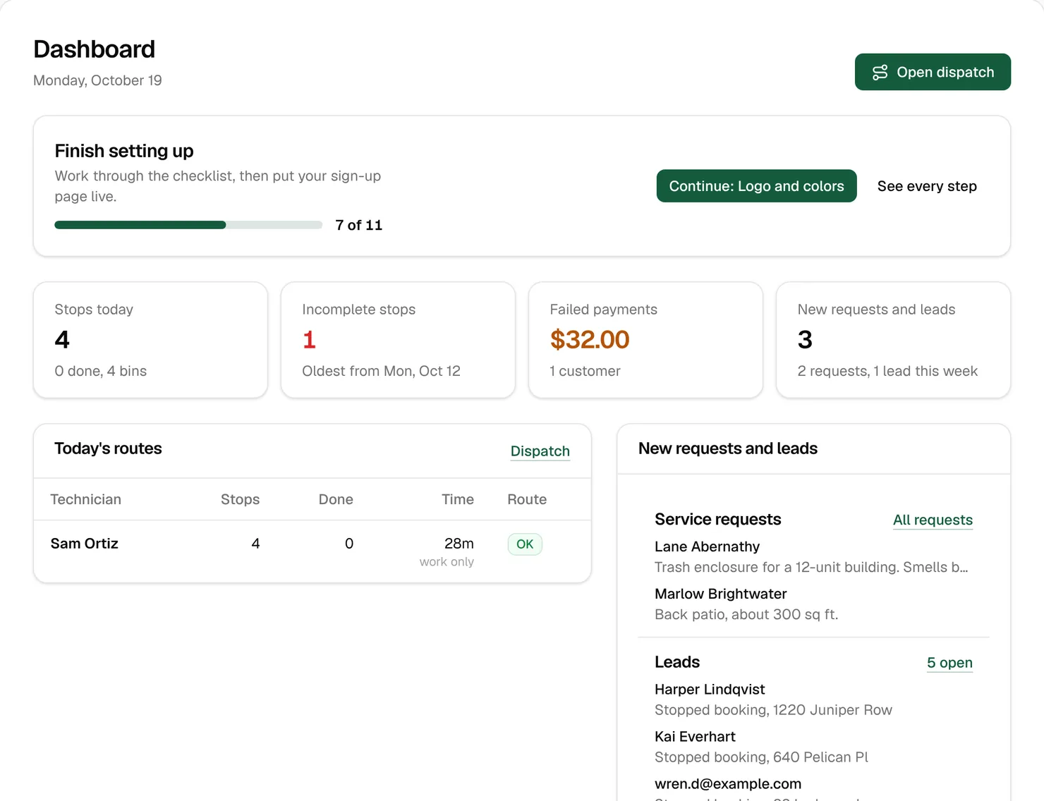 The back-office dashboard with today’s stops, incomplete stops, a failed payment and new leads