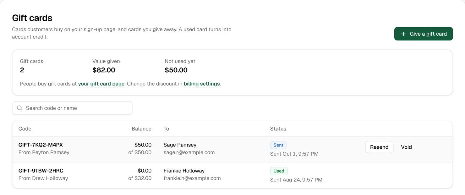 The Gift cards page: 2 cards, $82.00 given, $50.00 not used yet, one card sent and one used