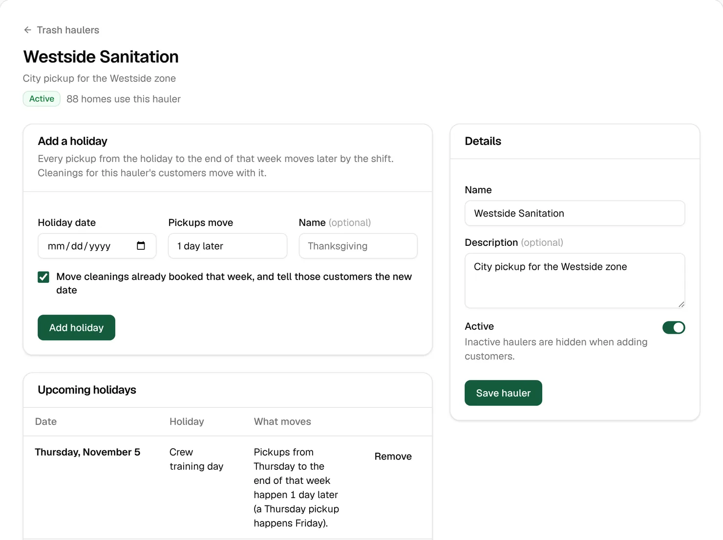 The Westside Sanitation hauler page, used by 88 homes, with the Add a holiday form and an upcoming holiday on Thursday, November 5 that moves pickups 1 day later