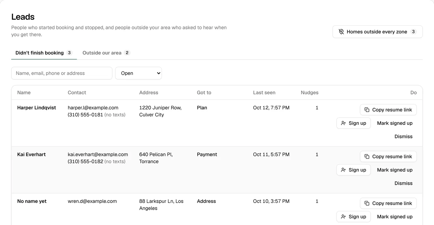 The Leads page with three unfinished sign-ups: Harper Lindqvist stopped at the plan step and Kai Everhart at payment, both with an email and phone, and one left only an email at the address step