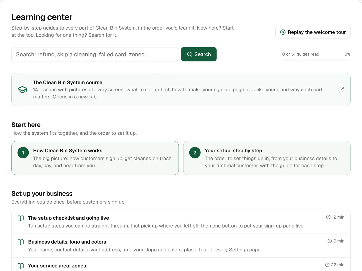 The Learning center with a search box, a count of guides read, and the first guides in order
