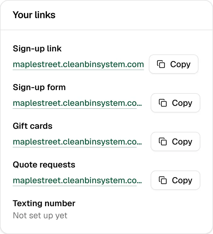 Your links: the sign-up link, sign-up form, gift cards and quote requests, each with a Copy button
