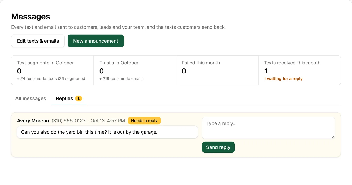 The Replies tab with a customer asking whether the yard bin can be cleaned too, marked Needs a reply, with a reply box beside it