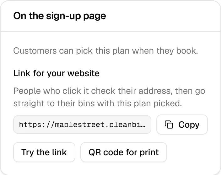 A plan’s On the sign-up page panel with its link for your website, Copy, Try the link and QR code for print