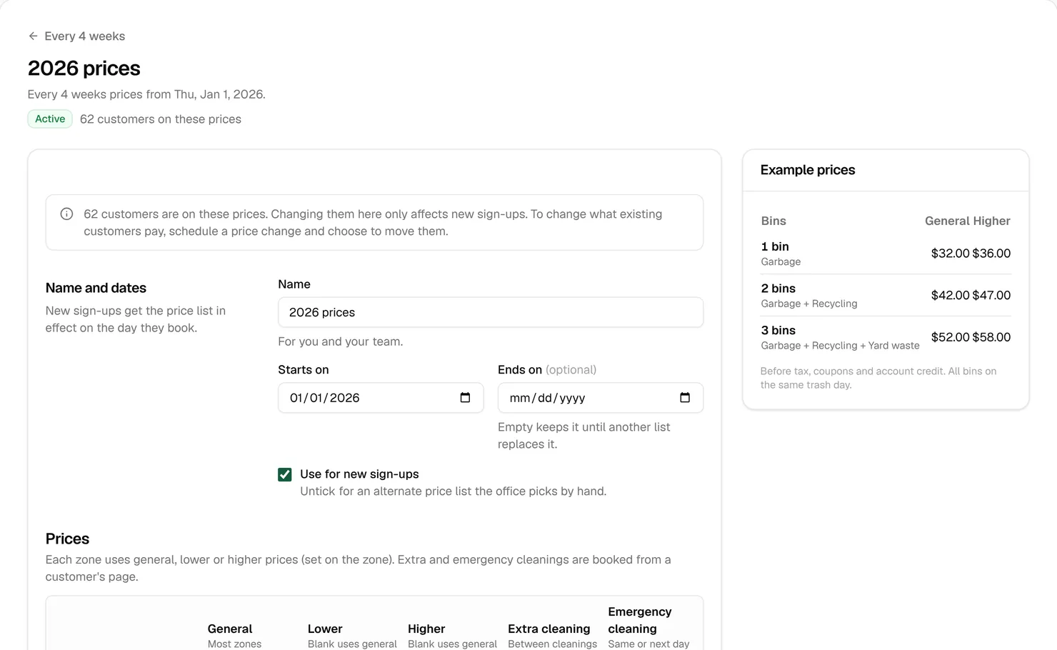 The 2026 prices form with a notice that 62 customers are on these prices, and Example prices of $32, $42 and $52 for one to three bins, or $36, $47 and $58 on higher prices