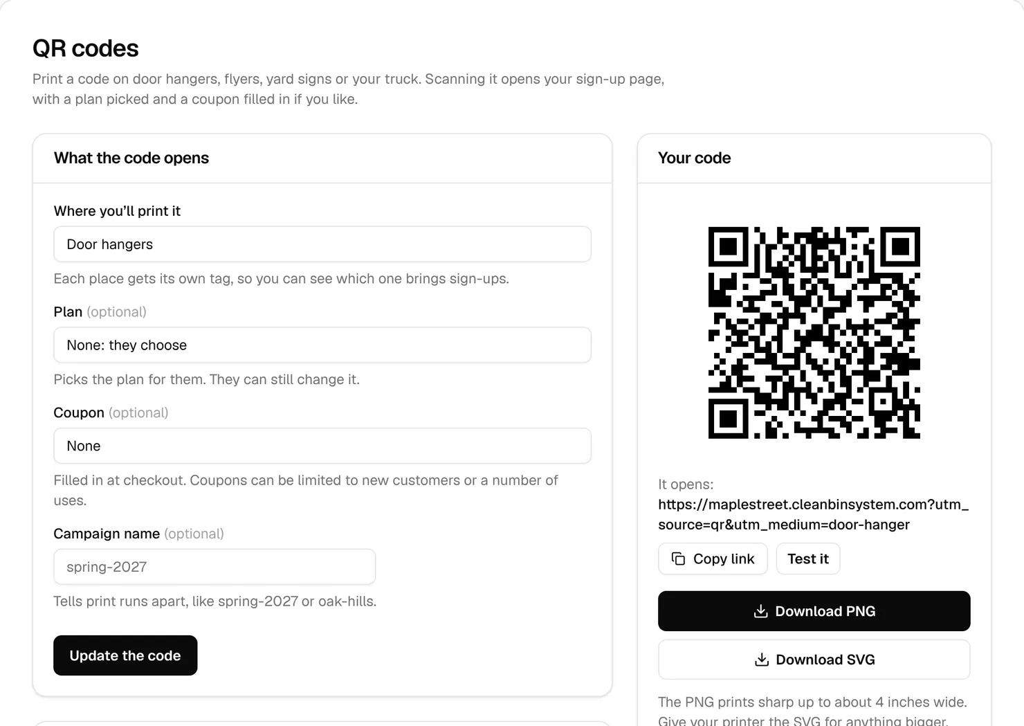 The QR codes page set to door hangers, and the code with Test it and download buttons