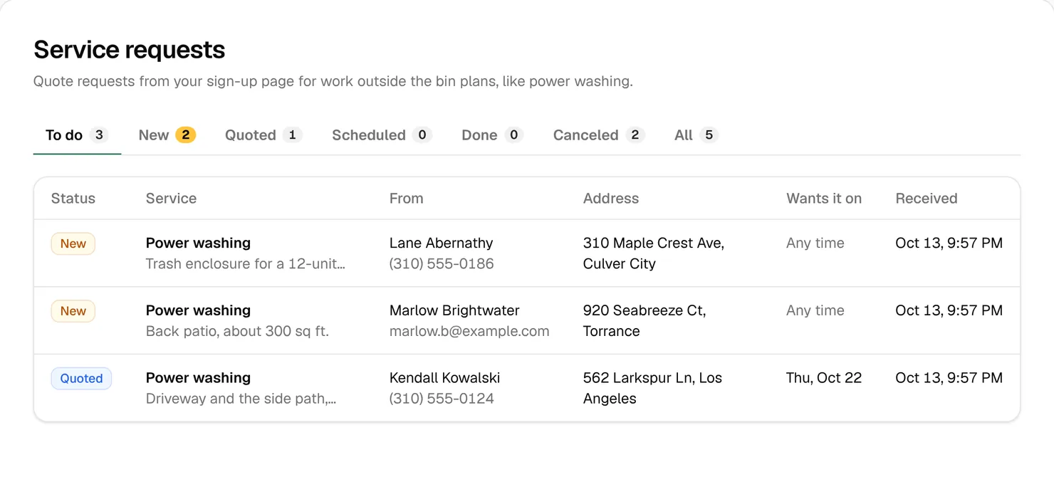 The Service requests list with two New and one Quoted power washing requests