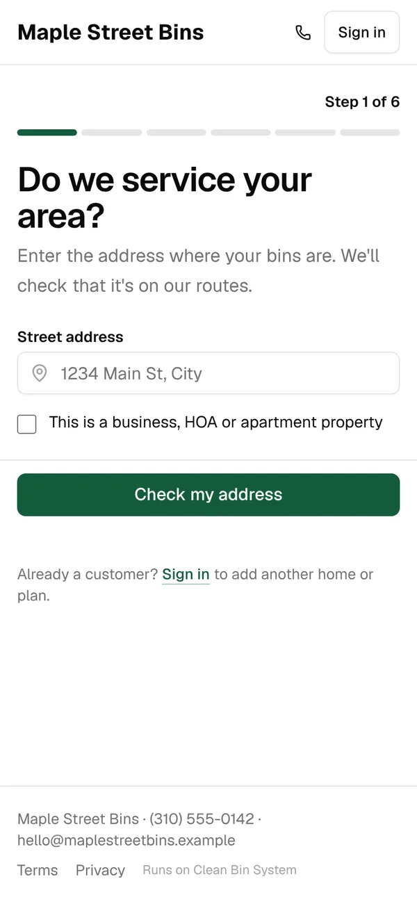 Step 1 of 6 on a phone: Do we service your area?, with a street address box and Check my address