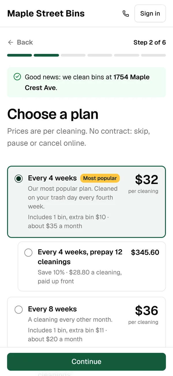 Step 2: Choose a plan, with Every 4 weeks marked Most popular at $32 a cleaning and a 12-cleaning prepay option for $345.60