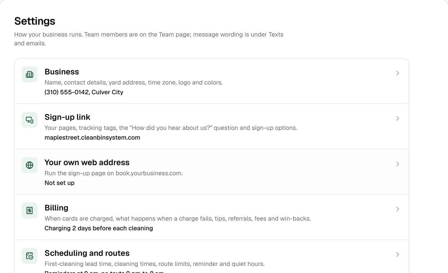 The Settings page with rows for Business, Sign-up link, your own web address, Billing, Scheduling and routes, and more