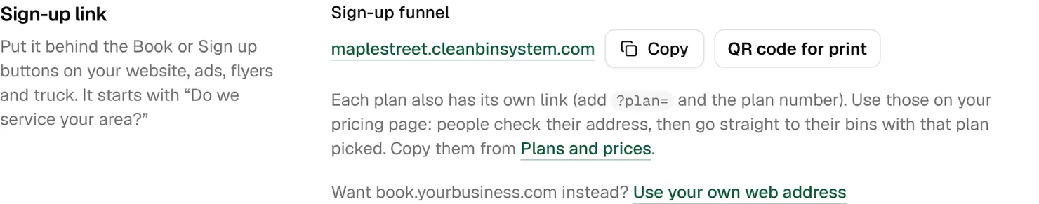 The Sign-up link settings: the sign-up funnel address with Copy and QR code for print, and a note about each plan’s own link