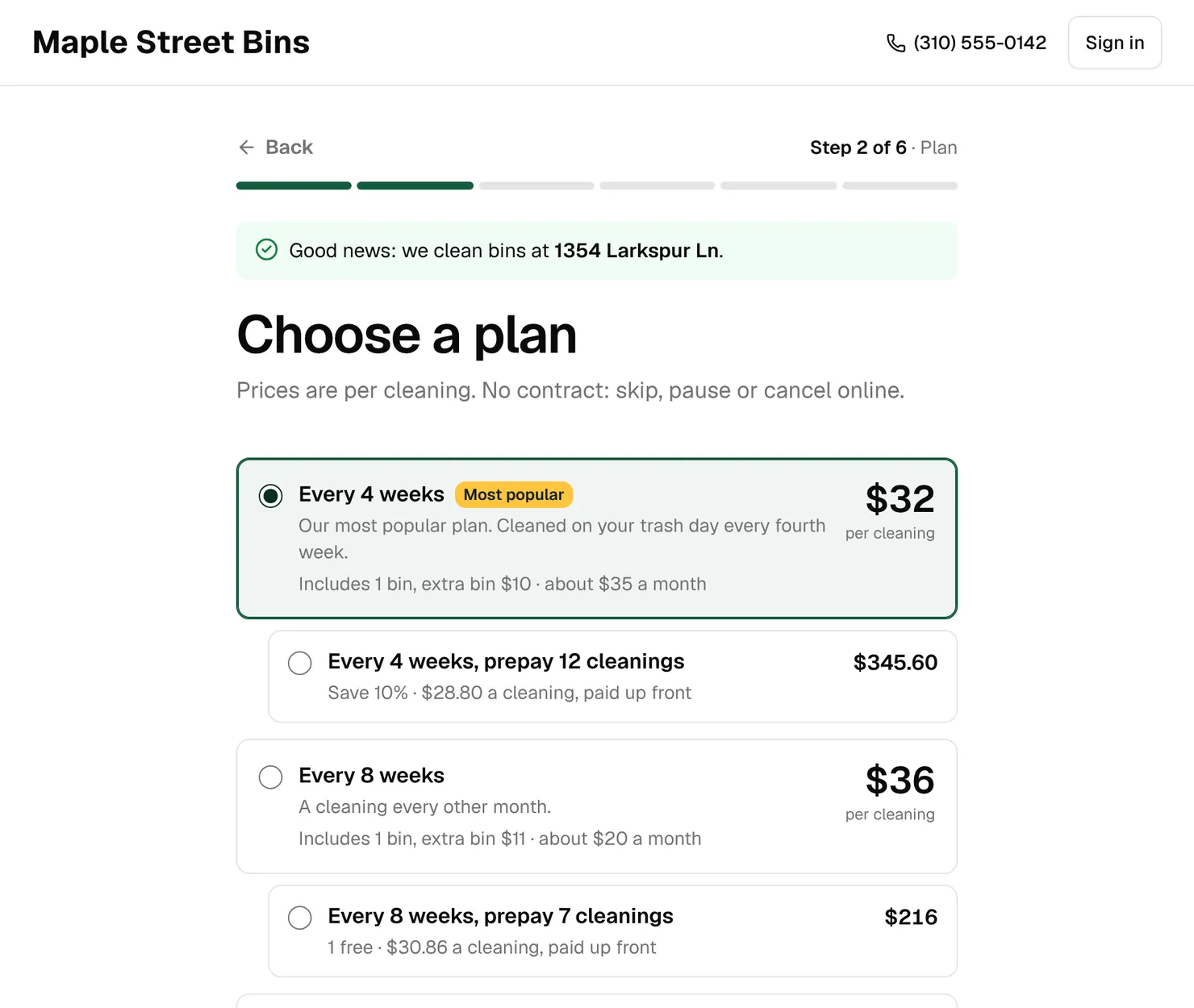 The plan step with a green border on the selected plan and a yellow Most popular badge