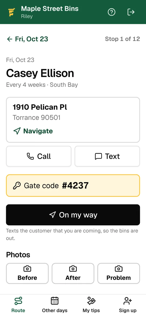 The first stop on Riley’s route, Casey Ellison at 1910 Pelican Pl in Torrance, with Navigate, Call, Text, the gate code, On my way and photo buttons