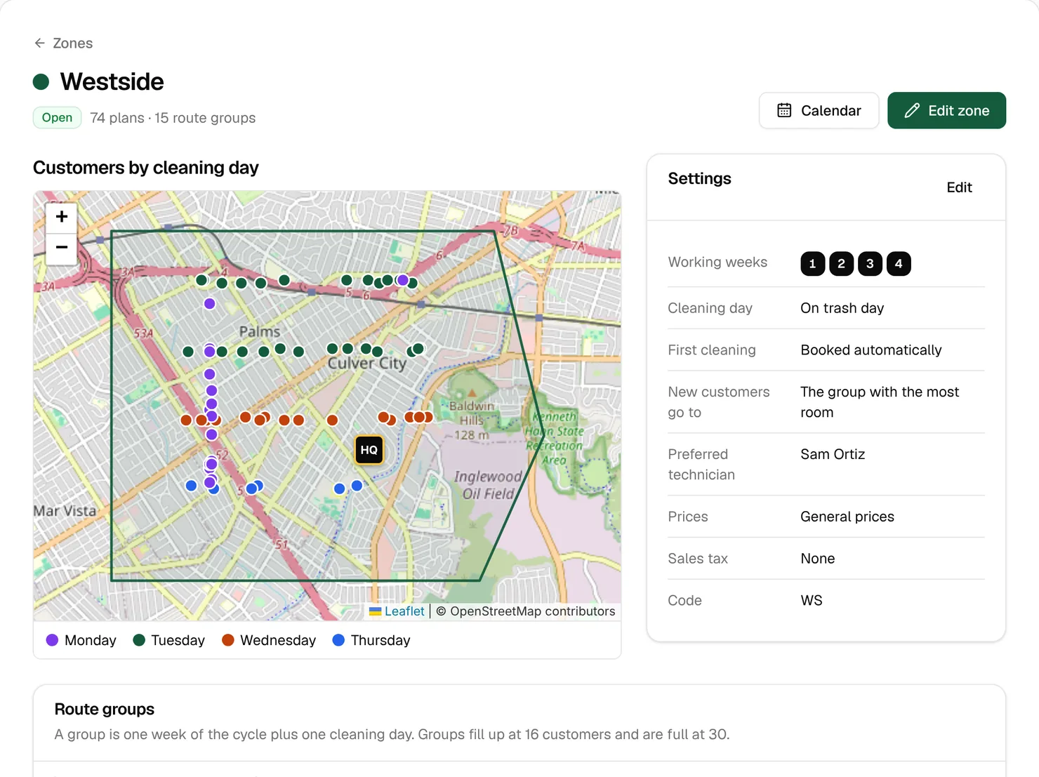 The Westside zone’s page: 74 plans in 15 route groups, a map of customers colored Monday to Thursday, and the zone’s settings