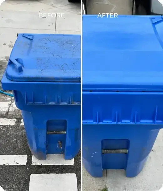 A blue cart’s lid and front before cleaning, stained and grimy, next to the same cart clean