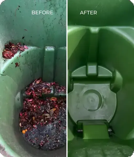 The inside of a green cart full of rotting leaves and grime, beside the same cart scrubbed clean